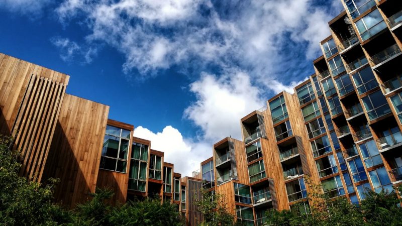 Apartment building complex made with wood and glass exterior